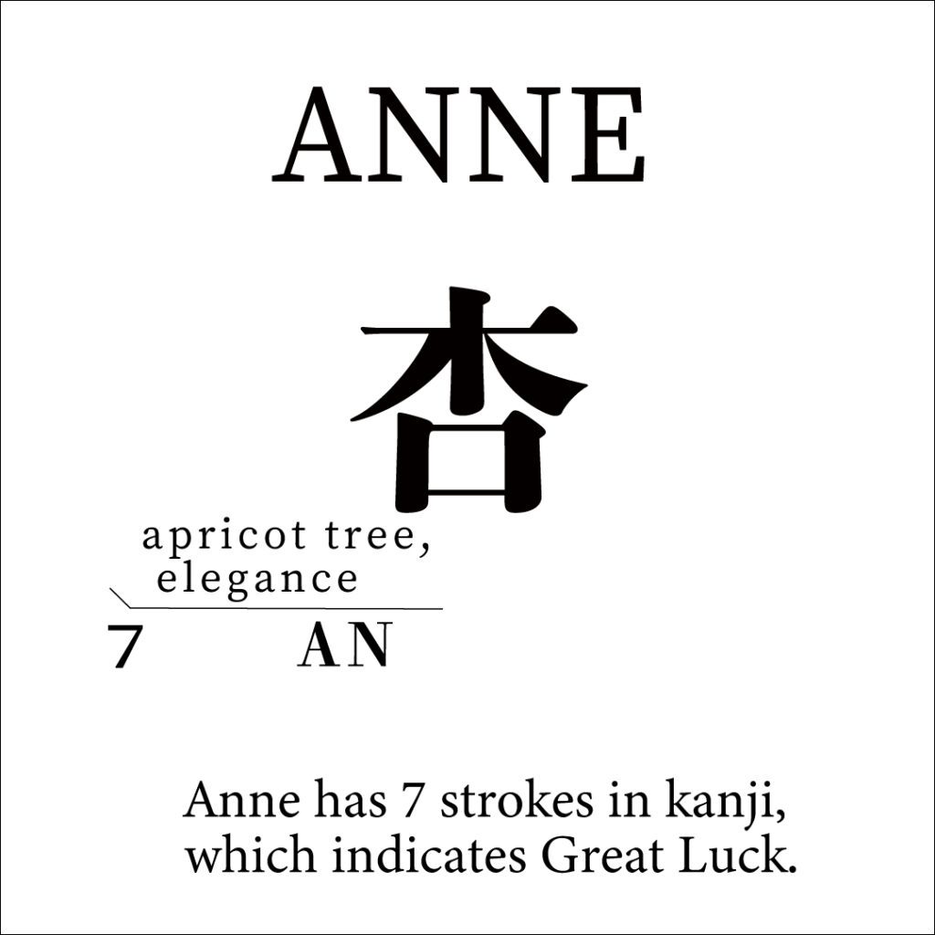 Anne 2 Kanji name artwork of ‘Anne’ (杏) at Shodocafe7557 in Roppongi, Tokyo. Each kanji is chosen for meaning, stroke count, and fortune.