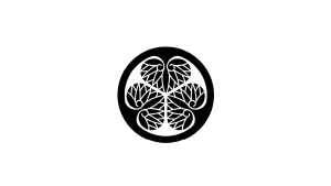 Mitsuba Aoi family crest with three hollyhock leaves inside a black circle.