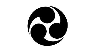 Close-up of Mitsudomoe crest showing the fluid tomoe curves.