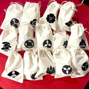 Kamon (Japanese family crest) pouches for 2nd anniversary gift at Shodocafe7557 in Roppongi Tokyo