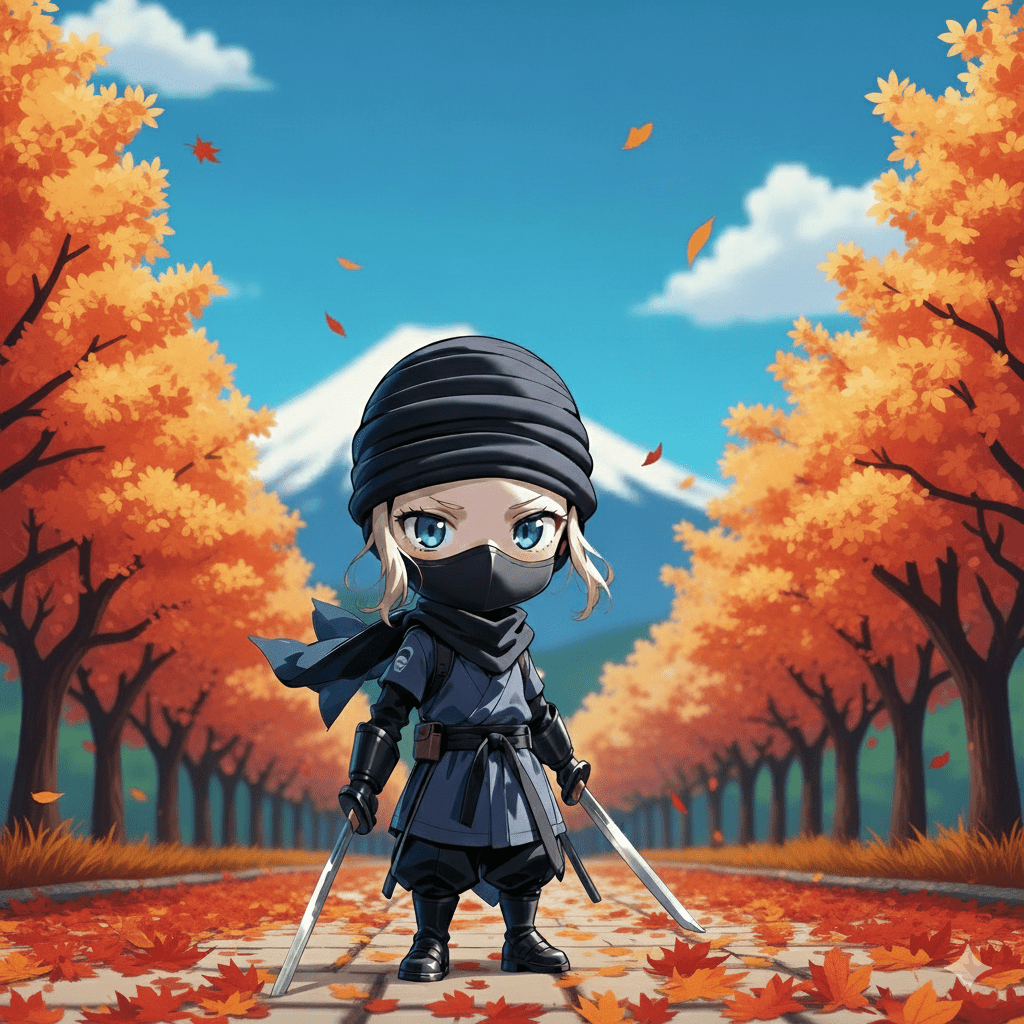 Chibi ninja with autumn leaves and Mt. Fuji – Kanji name anniversary animation by Shodocafe7557 Tokyo