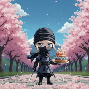 Chibi ninja holding a birthday cake with cherry blossoms and Mt. Fuji – Kanji name animation gift at Shodocafe7557 Tokyo