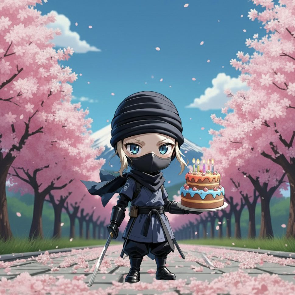 Chibi ninja holding a birthday cake with cherry blossoms and Mt. Fuji – Kanji name animation gift at Shodocafe7557 Tokyo