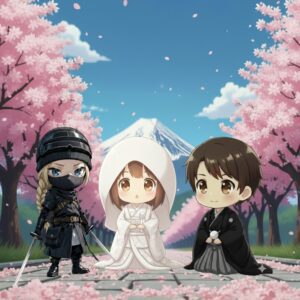 Bride and groom in traditional Japanese wedding attire with cherry blossoms, Mt. Fuji, and ninja character – Kanji wedding animation at Shodocafe7557 Tokyo