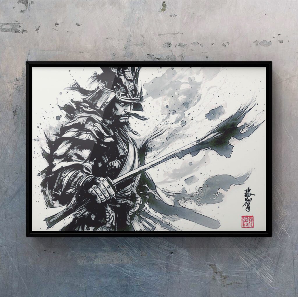 Revenge (Samurai Ink Art), original Japanese calligraphy artwork by KIMITOMO depicting a samurai rising again with powerful ink brush strokes, displayed at Shodocafe7557 in Roppongi, Tokyo