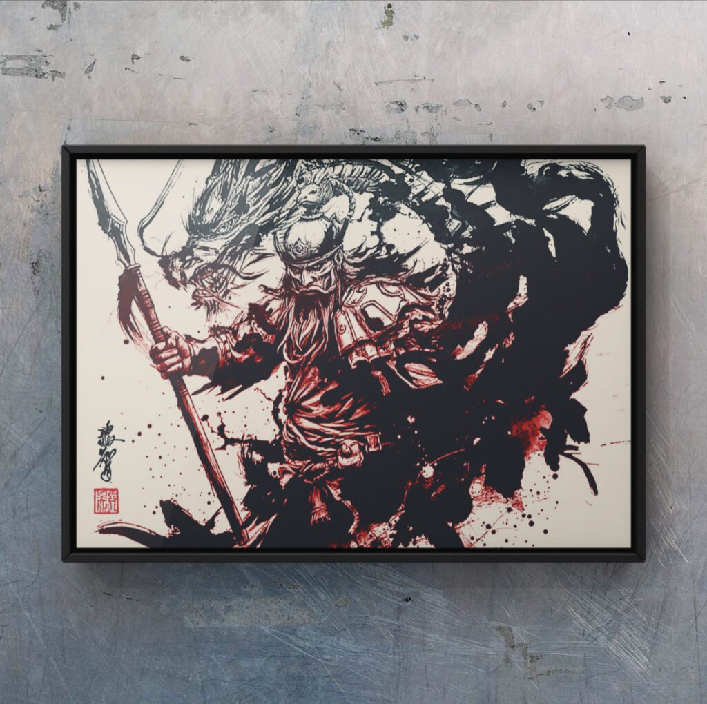 Dragon-Demon Dance (Ryūki Enbu), Samurai ink art by Japanese calligraphy artist KIMITOMO, displayed at Shodocafe7557 in Roppongi, Tokyo.
