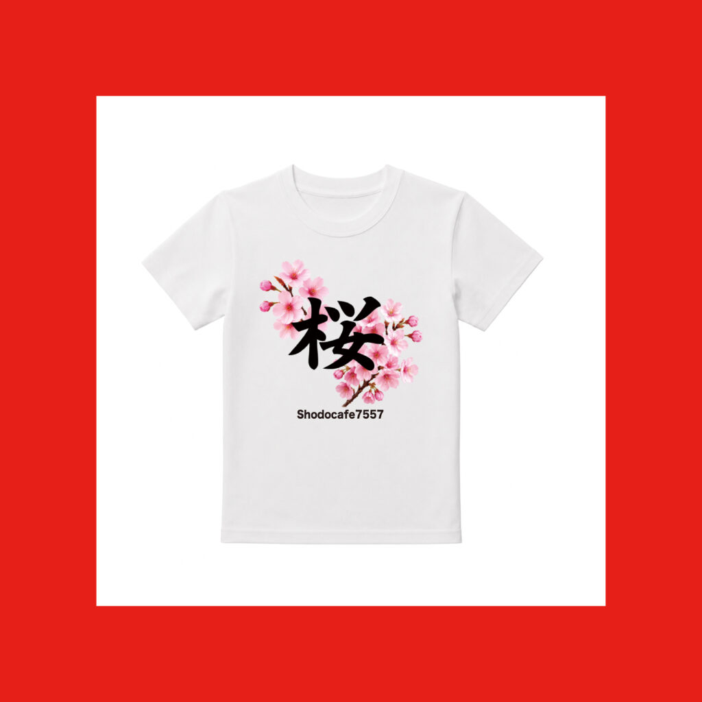 White T-shirt featuring the handwritten “Sakura” kanji surrounded by pink cherry blossoms